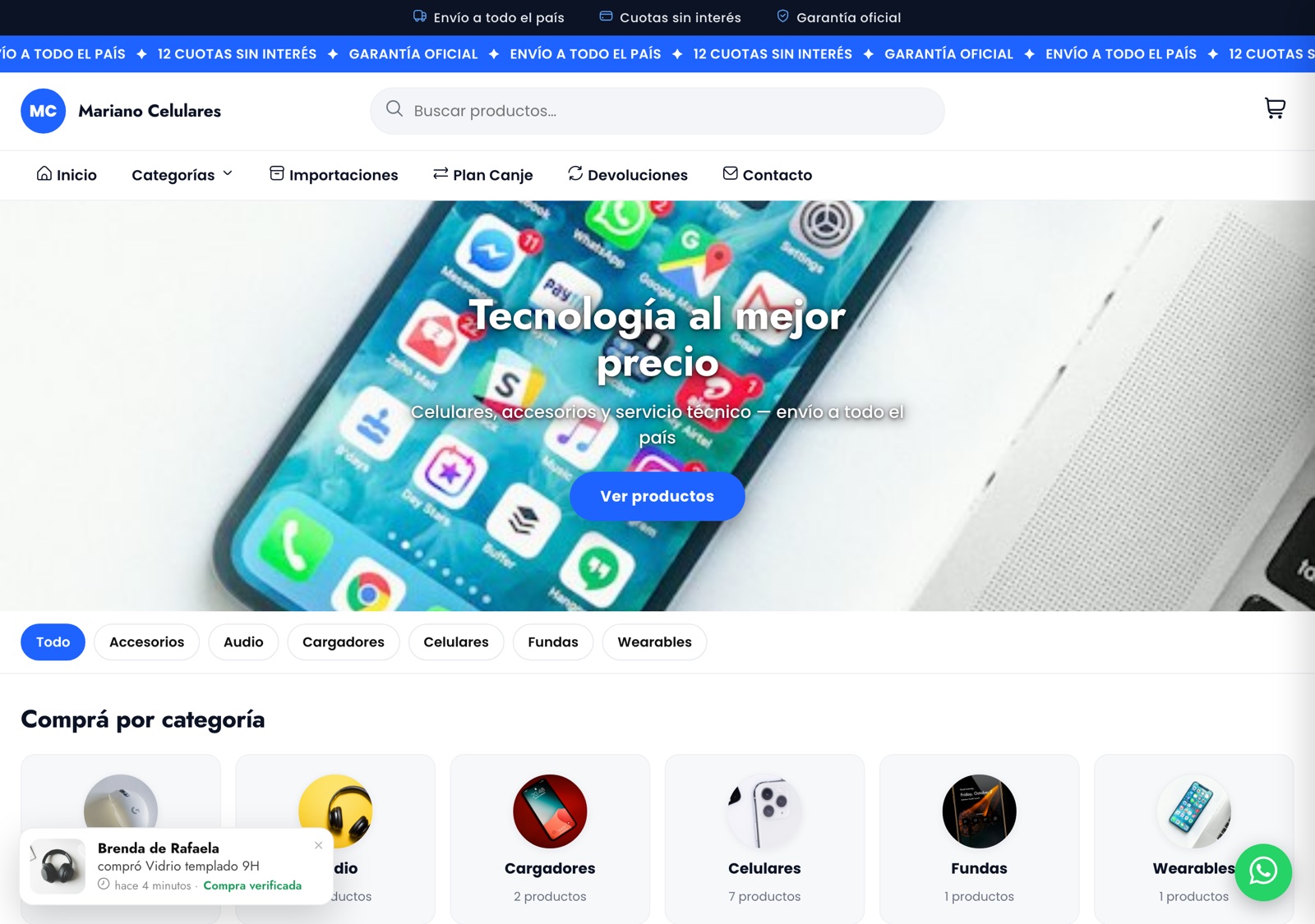Tienda online creada con Factur: catálogo de productos, categorías y carrito, con el stock sincronizado.
